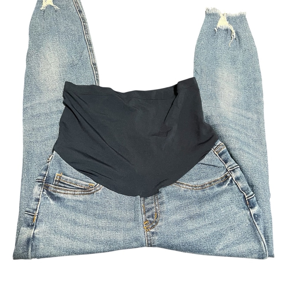 Stylish Distressed Blue Jeans with Black Waistband